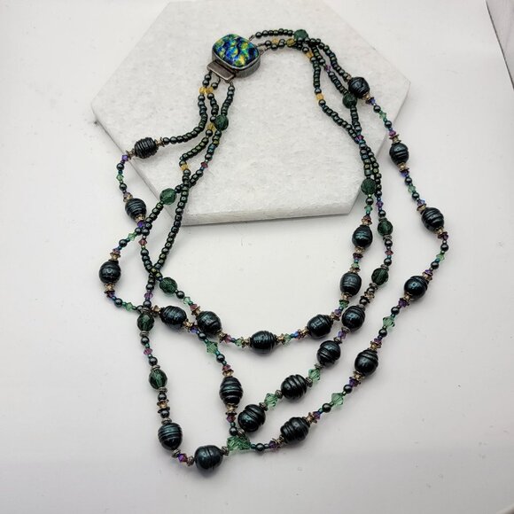 Multistrand Tahitian Circle Freshwater Pearls Necklace 925 Silver Clasp - Picture 1 of 4